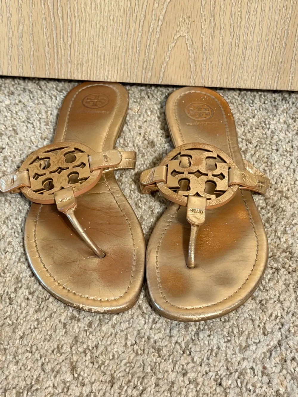 Tory Burch Metallic Bronze Logo Thong Sandals